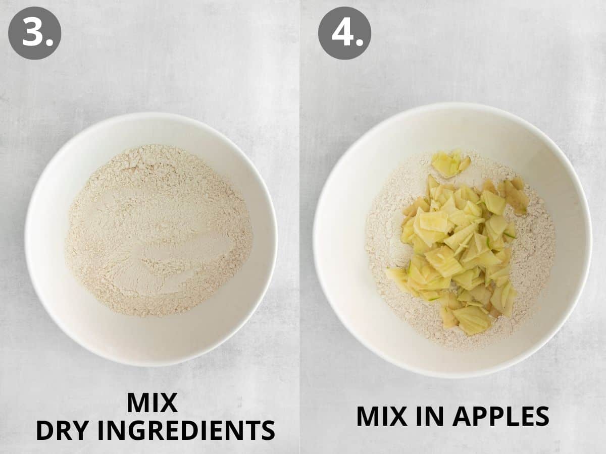 Dry ingredients in a mixing bowl, and apples mixed into dry ingredients in the bowl
