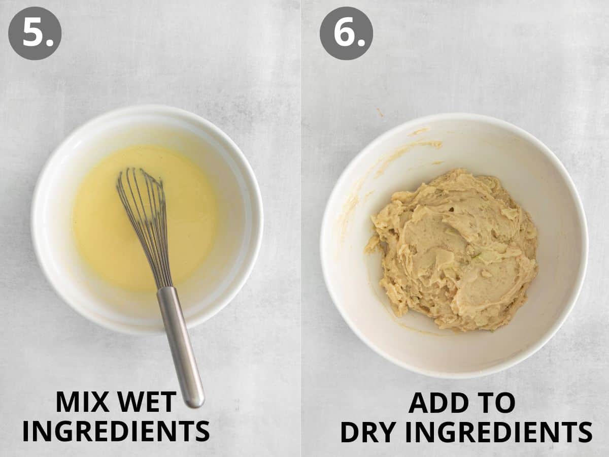 Wet ingredients in a separate mixing bowl, and wet ingredients mixed into dry ingredients in a bowl