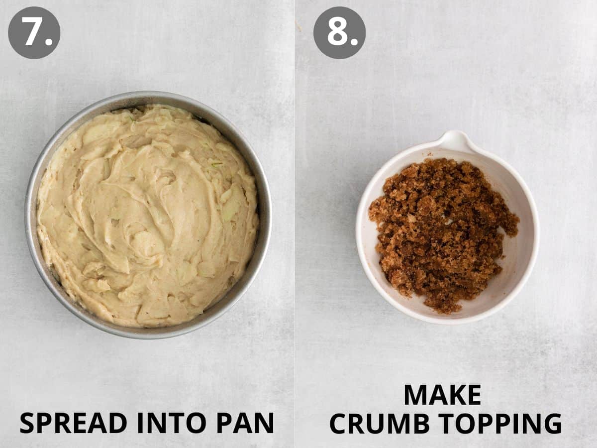 Apple cake batter spread into a round pan, and crumb topping in a bowl