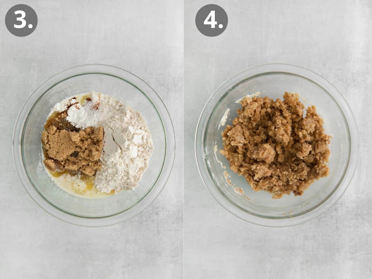 Crumble ingredients in a glass bowl, and crumble ingredients mixed together in a bowl