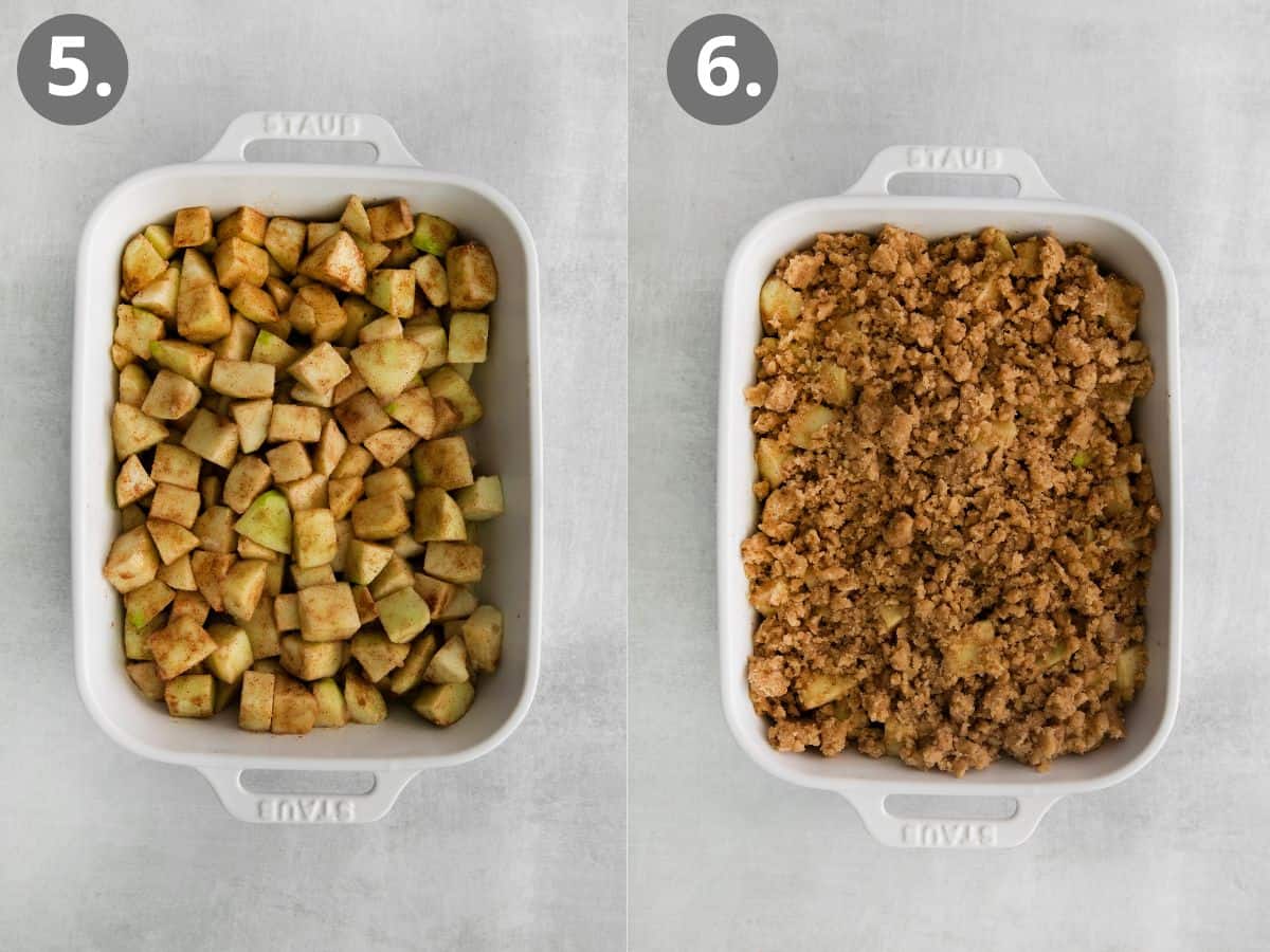 Apple chunks in a baking dish, and apple chunks topped with crumble topping in a baking dish