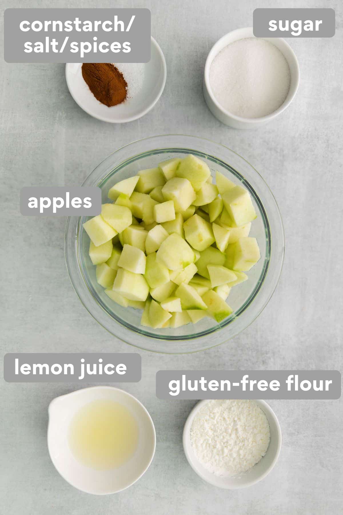 Apple crumble filling ingredients on a counter top
