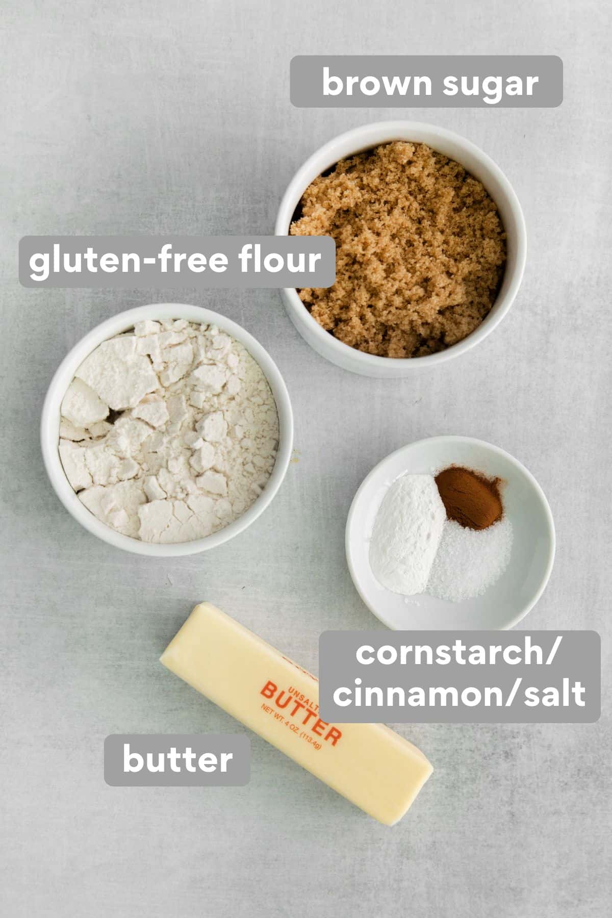 Gluten-free apple crumble topping ingredients on a counter top