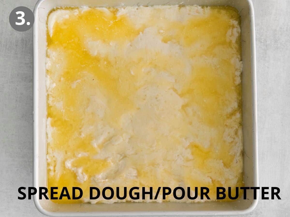 gluten free biscuit dough in pan with butter poured over top