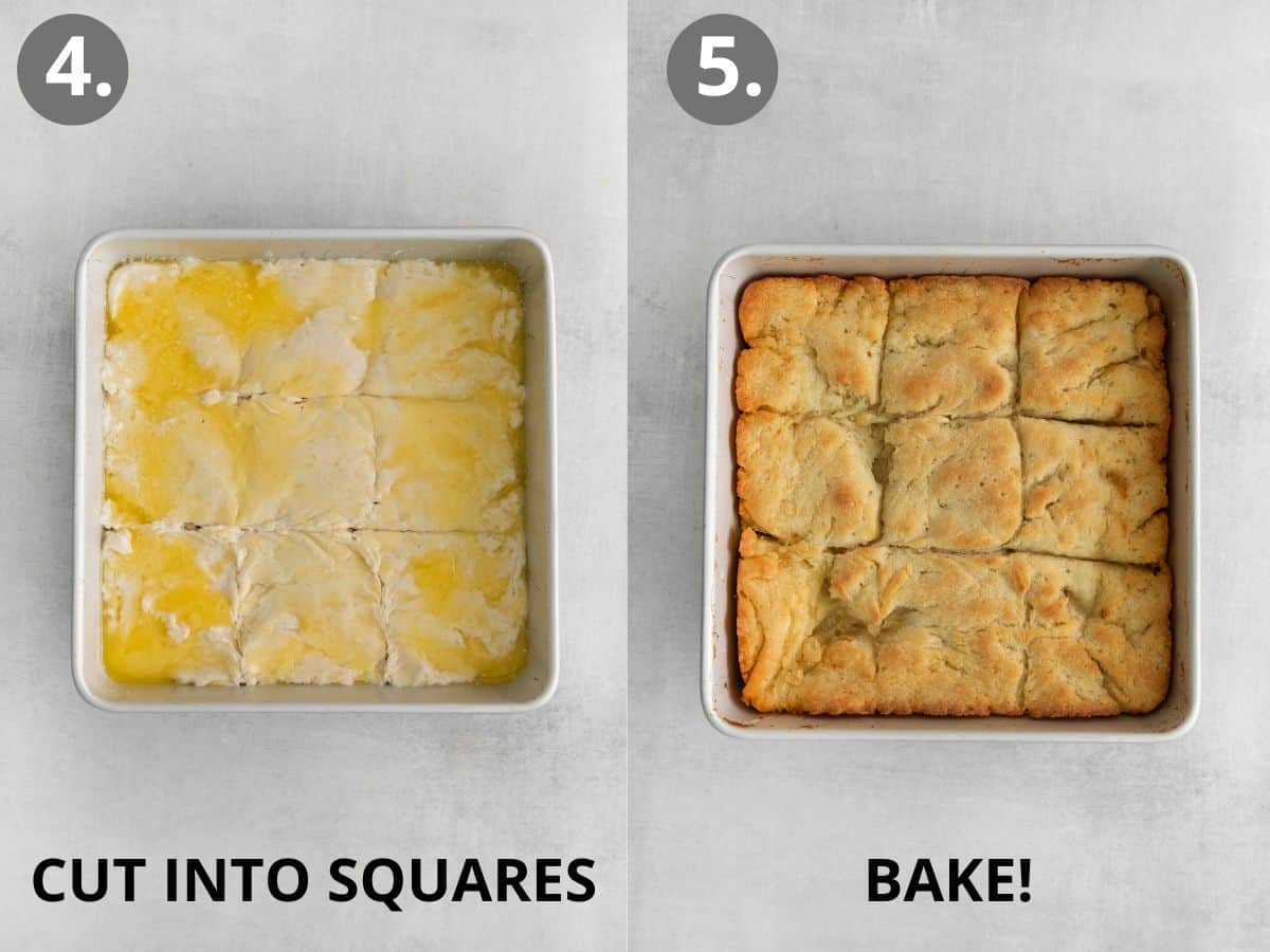 Raw biscuit dough cut into squares, and baked biscuits in a baking dish