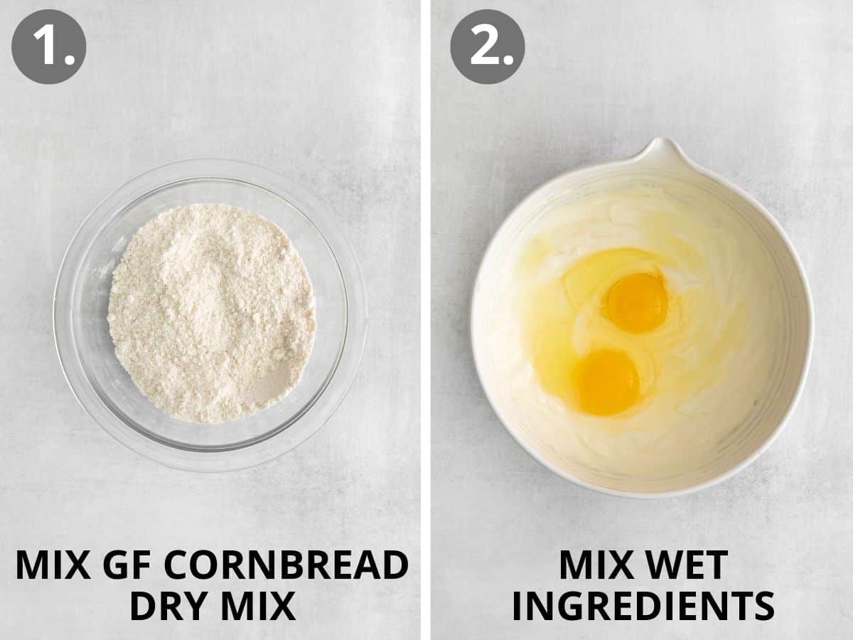 cornbread dry mix in a bowl, and wet ingredients in a bowl
