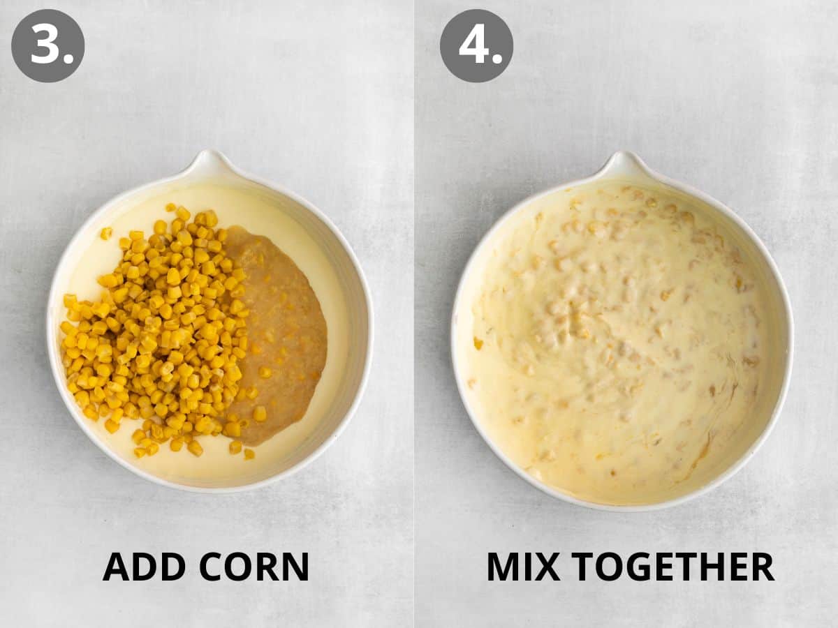 Corn added to the bowl of wet ingredients, and a bowl of all the ingredients mixed together