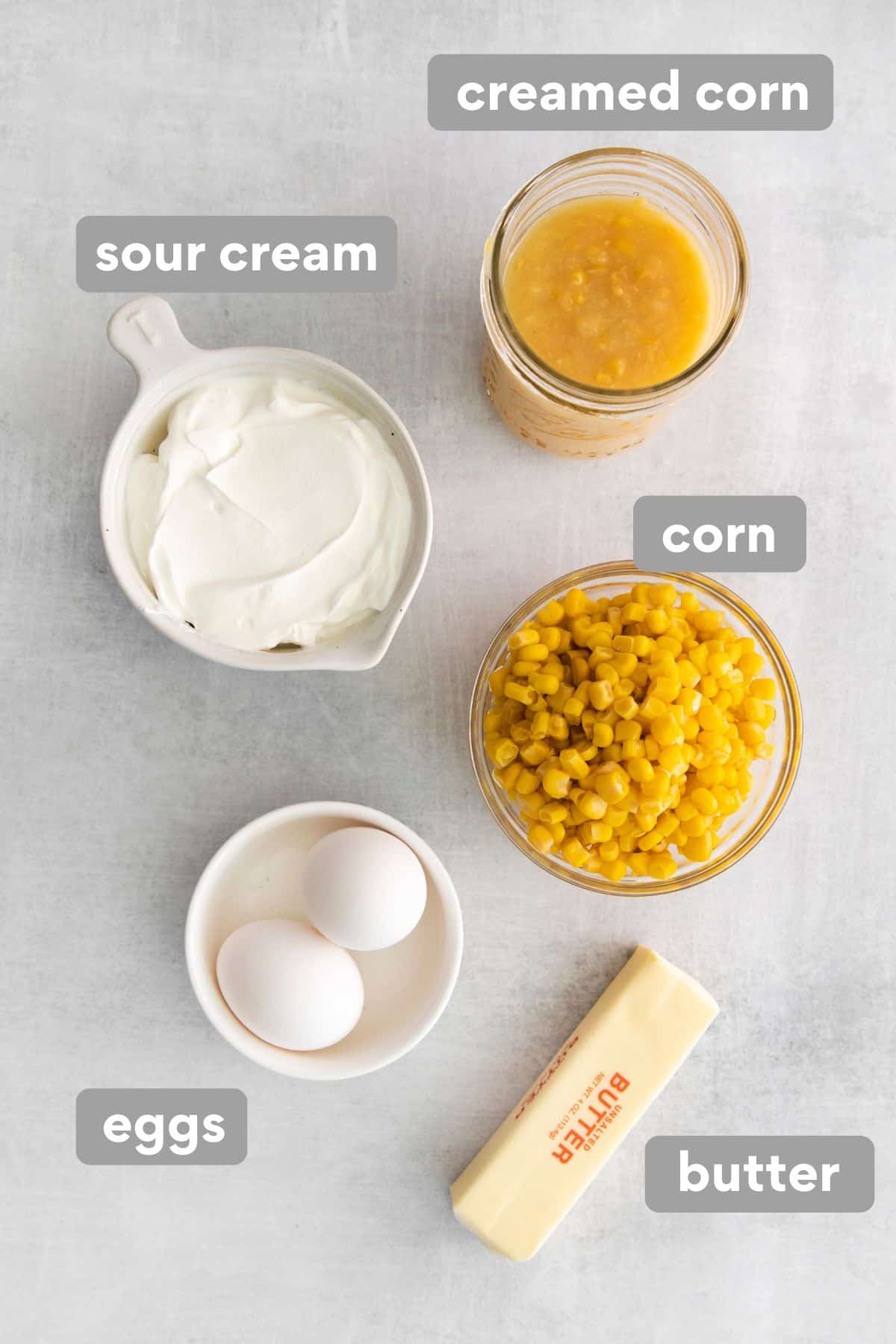 Ingredients for corn casserole on a counter top