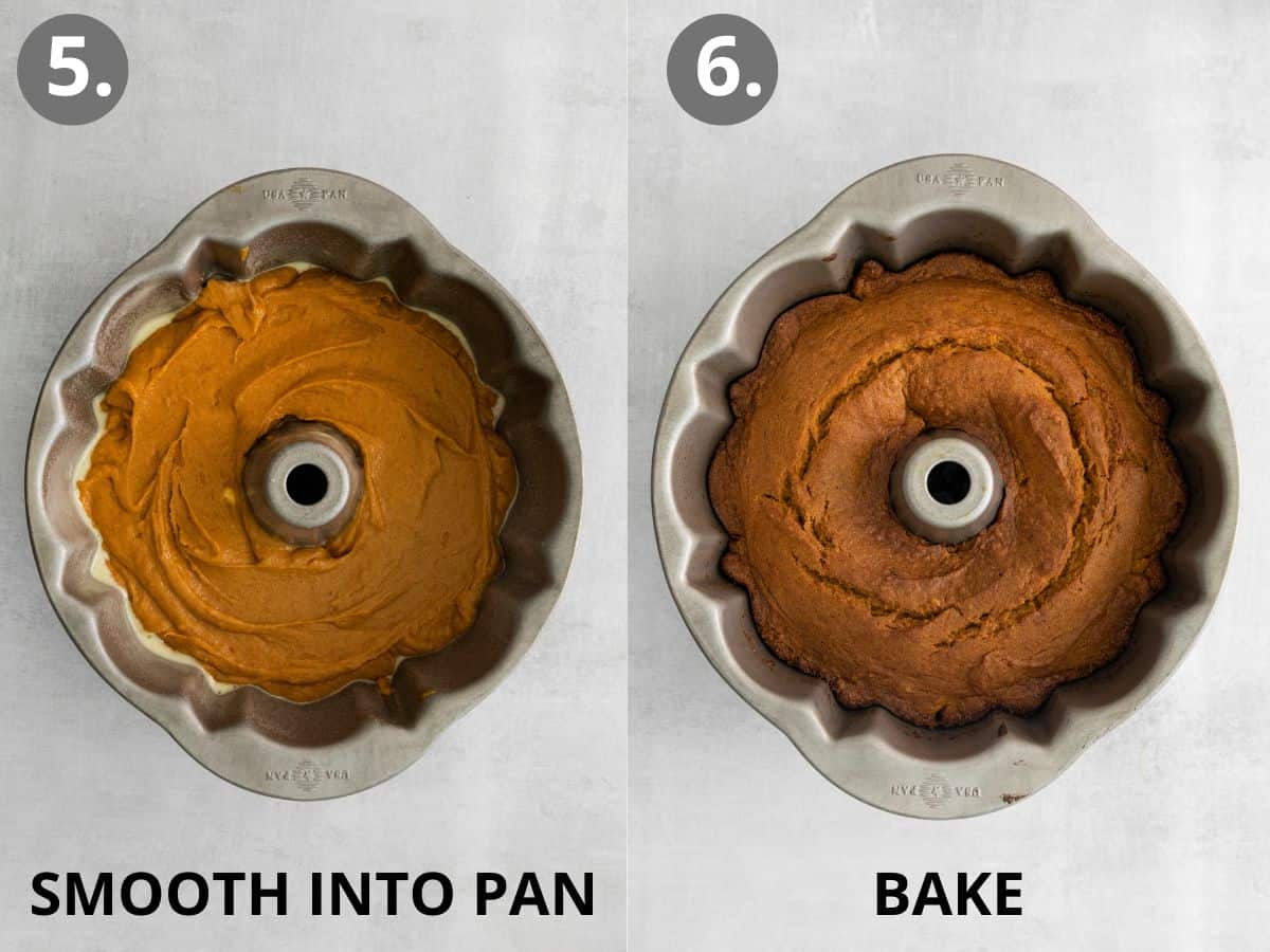 Gluten-free pumpkin cake batter in a bundt pan, and a baked cake in a bundt pan
