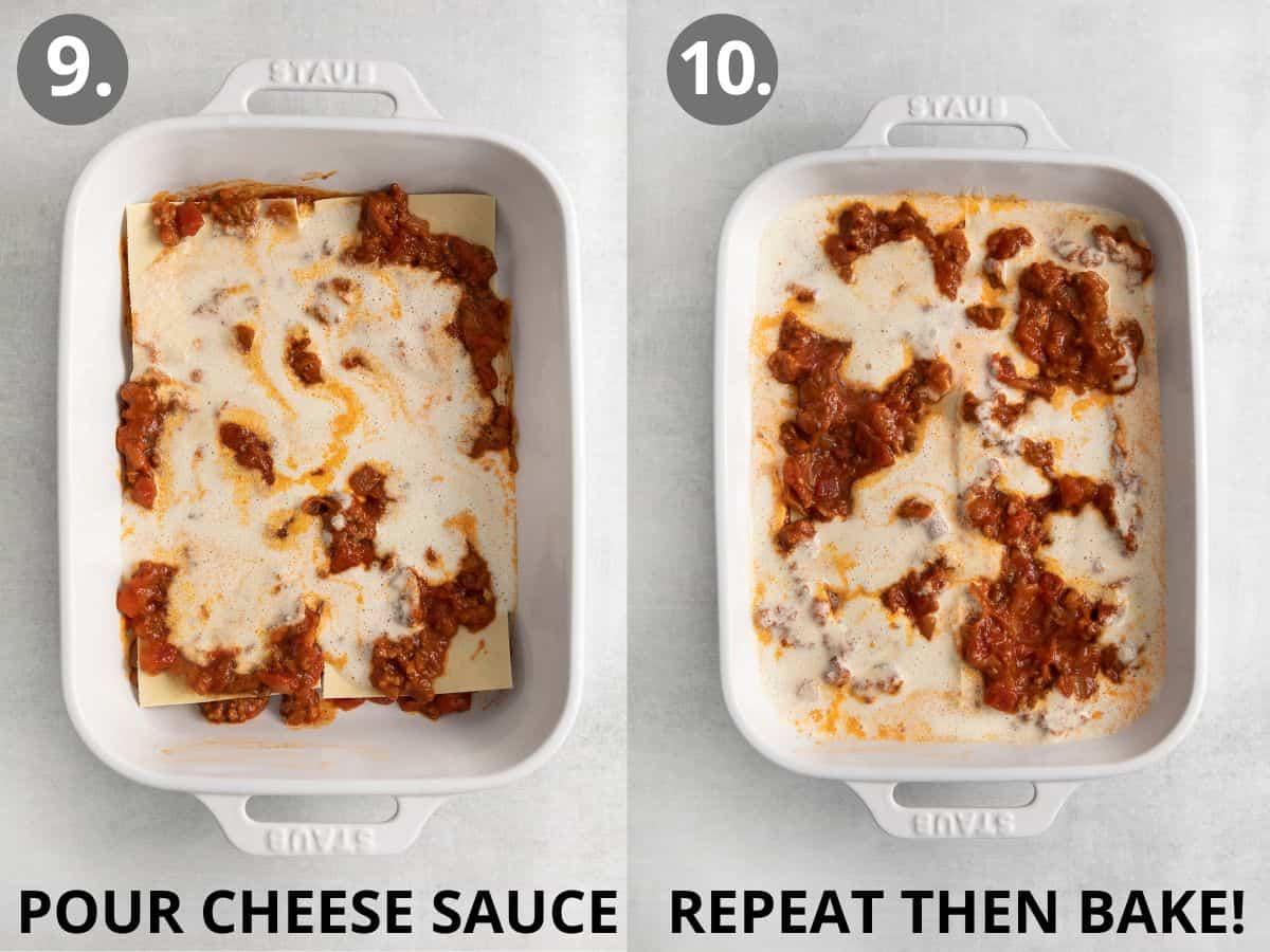 Cheese layered on top of noodles and sauce in a baking dish, and more cheese and sauce layered on top