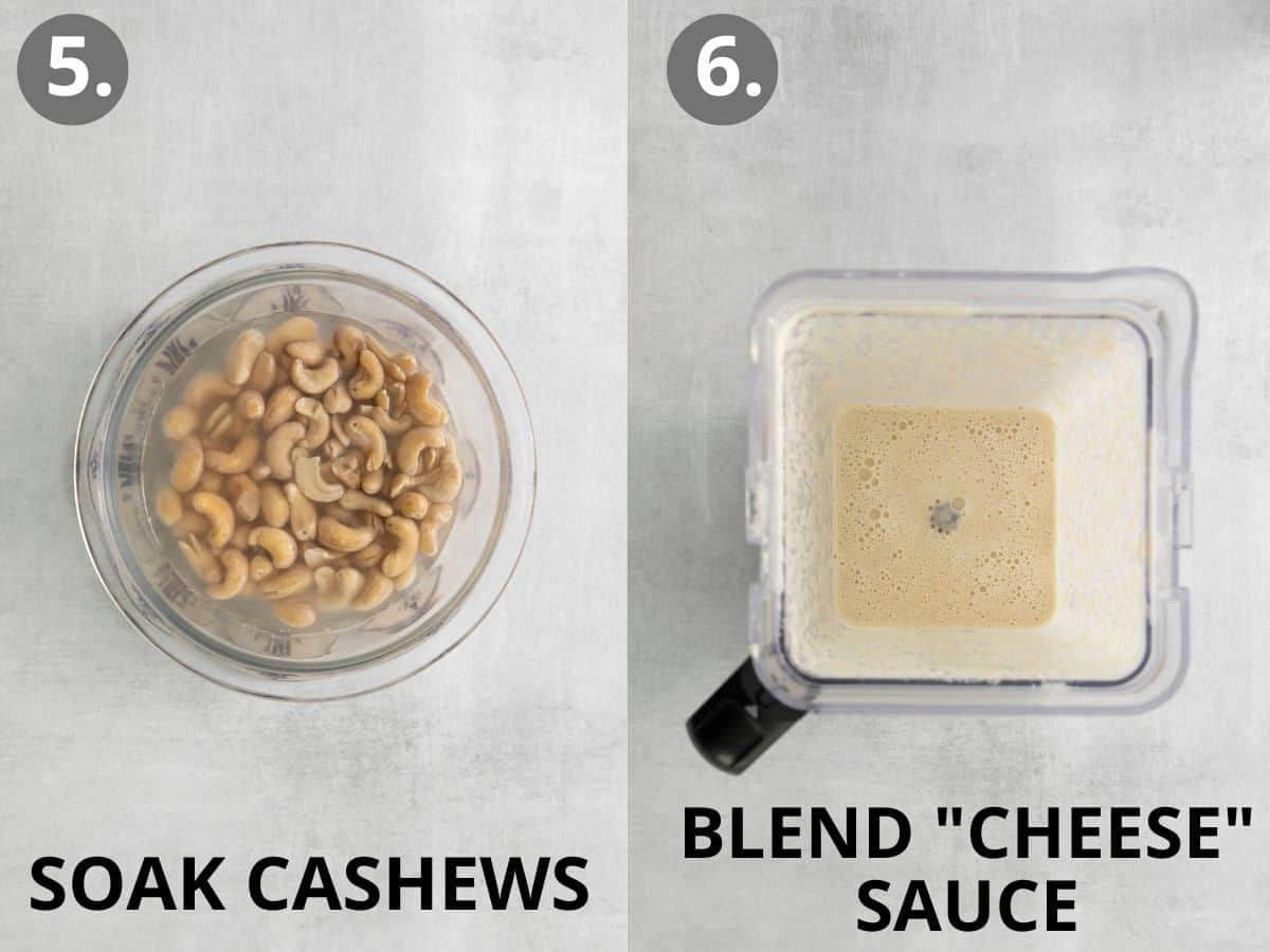 Cashews soaking in a bowl of water, and cashews blended up in a blender