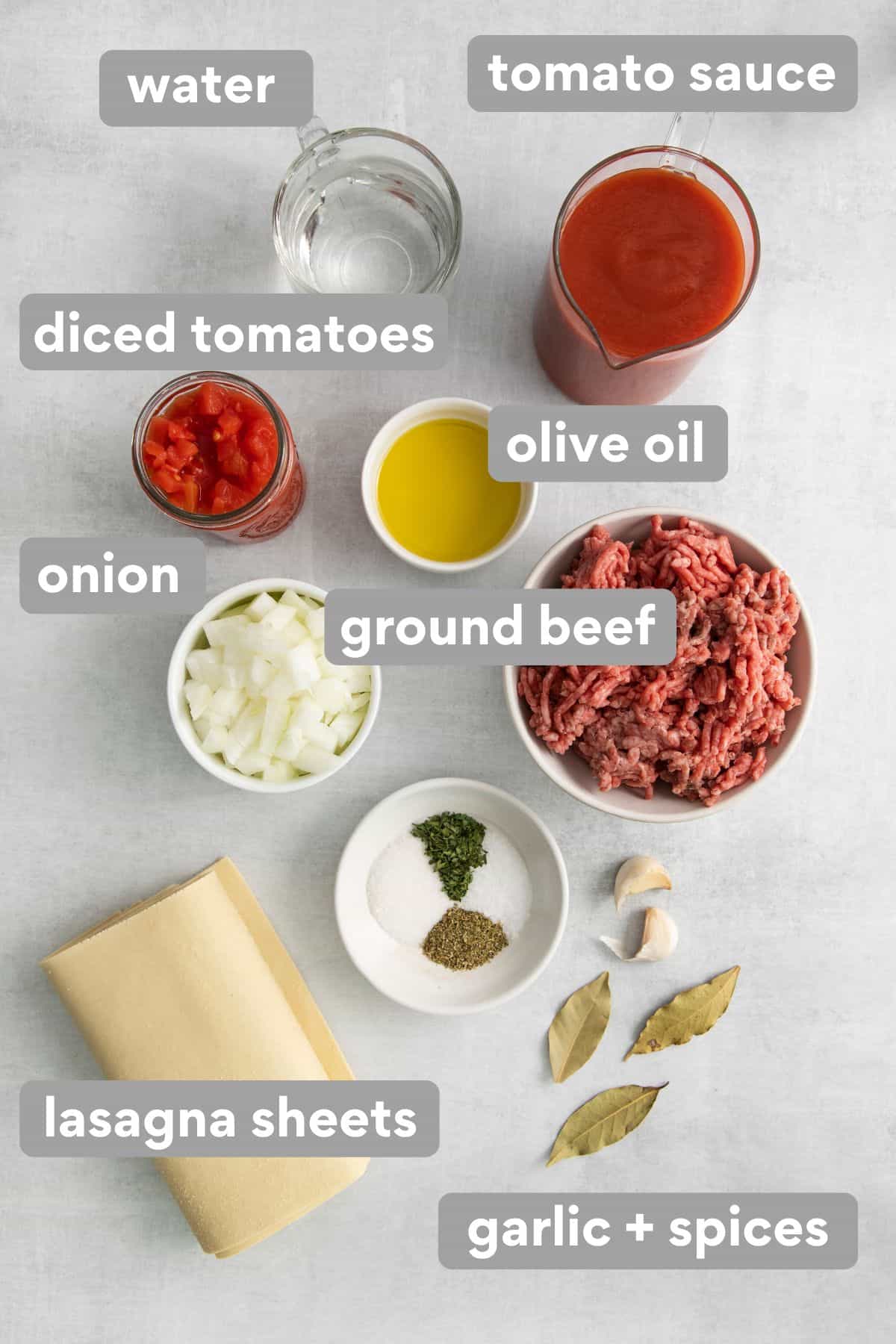 Ingredients for dairy-free lasagna on a counter top