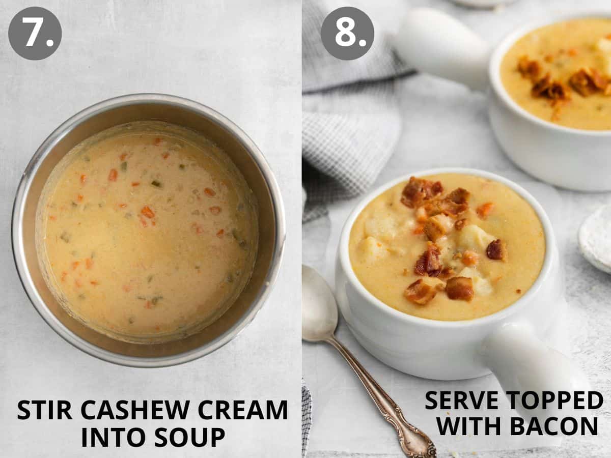 A pot of soup with cashew cream stirred in, and a bowl of dairy-free soup