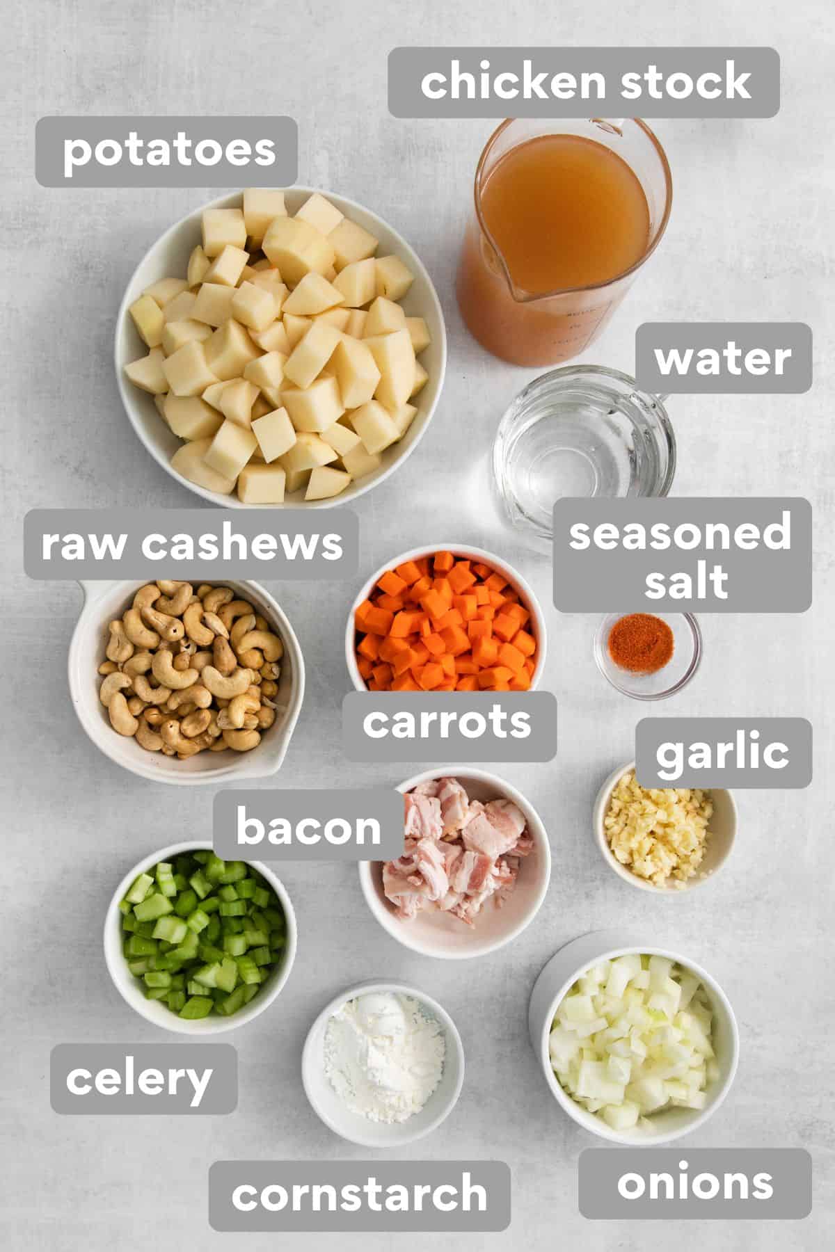 Ingredients for dairy-free potato soup on a countertop