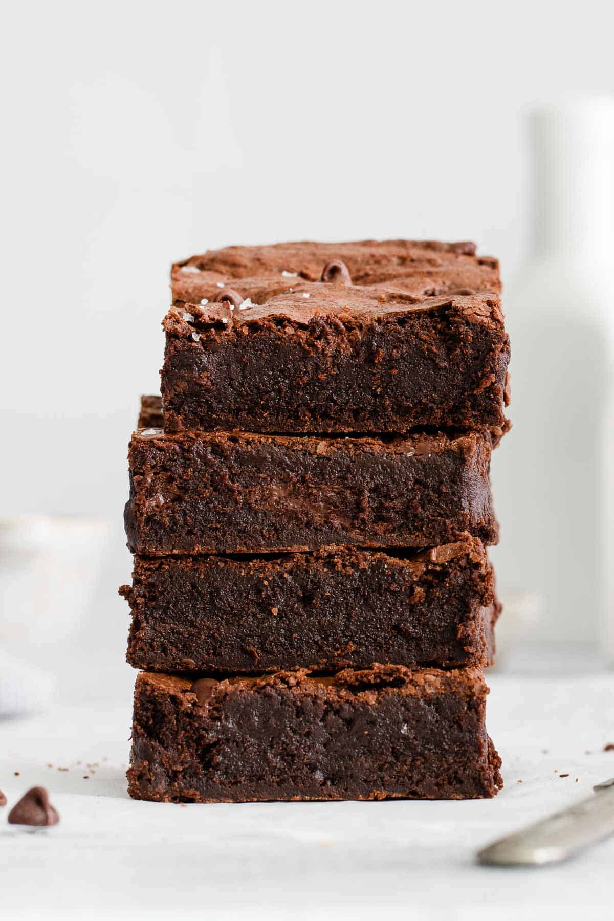 close up shot of stack of 4 brownies