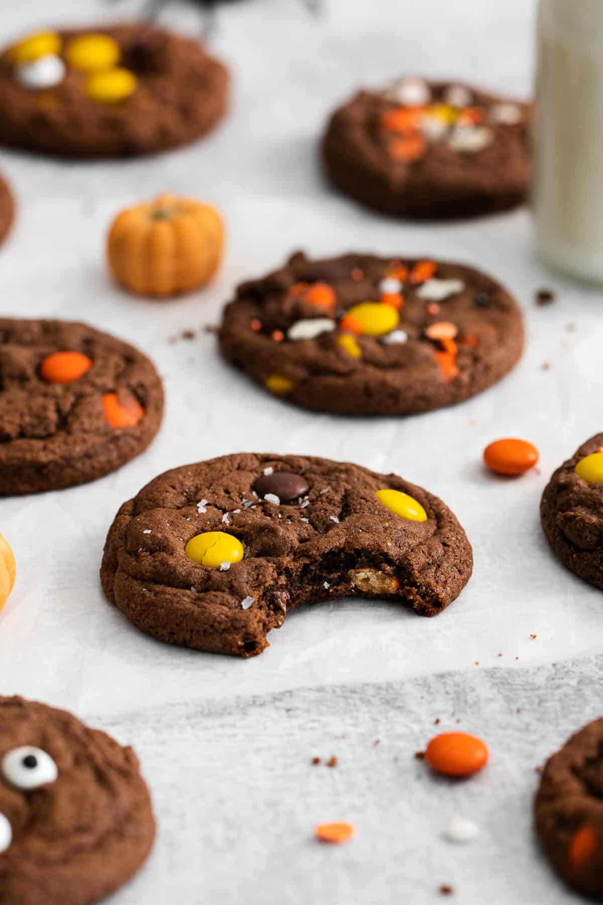 A gluten-free Halloween cookie with a bite taken out of it