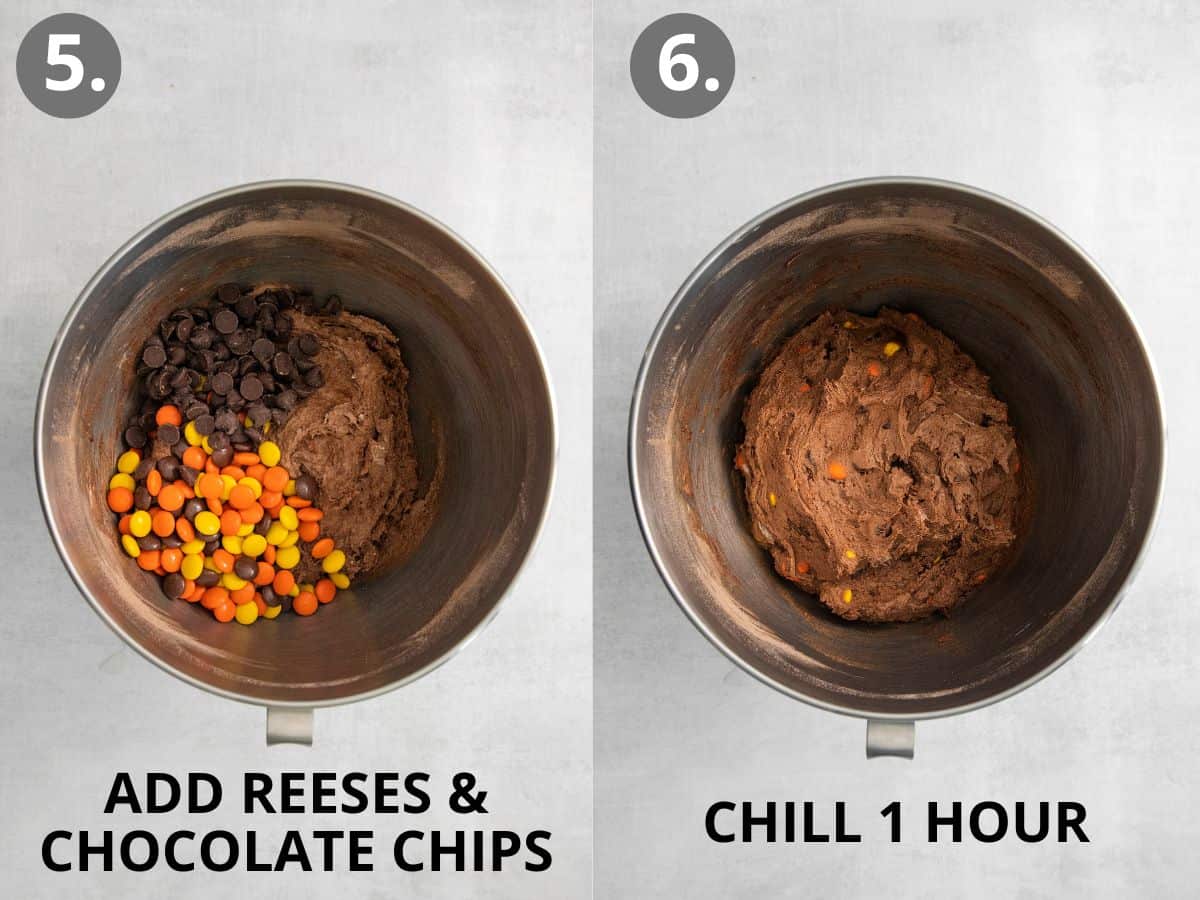 Reese's Pieces and chocolate chips added into the bowl, and dough in a bowl after chilling for an hour