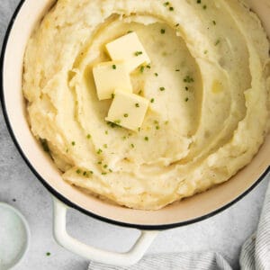 A close-up photo of gluten-free mashed potatoes in a pot