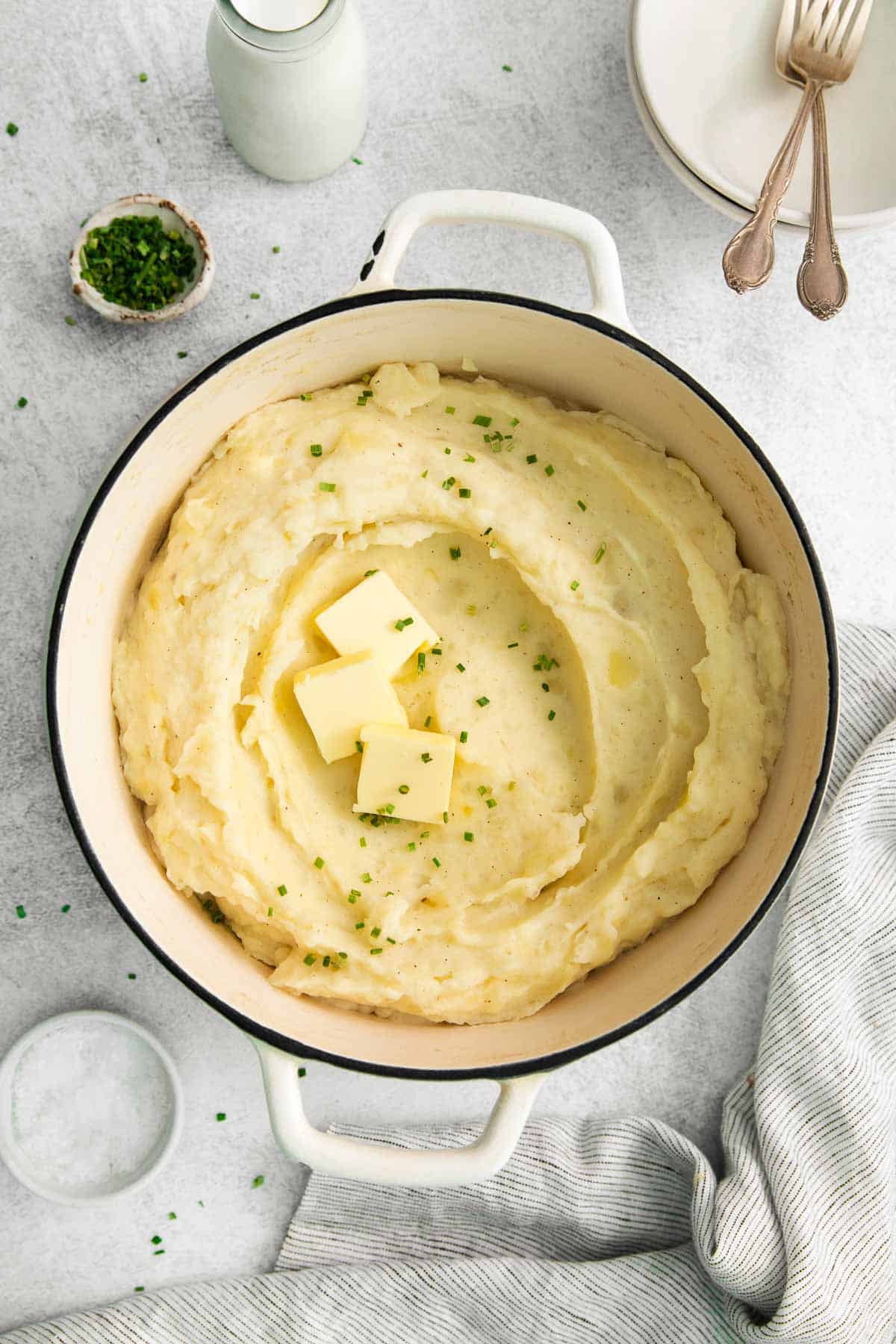 An overhead view of mashed potatoes in a pot