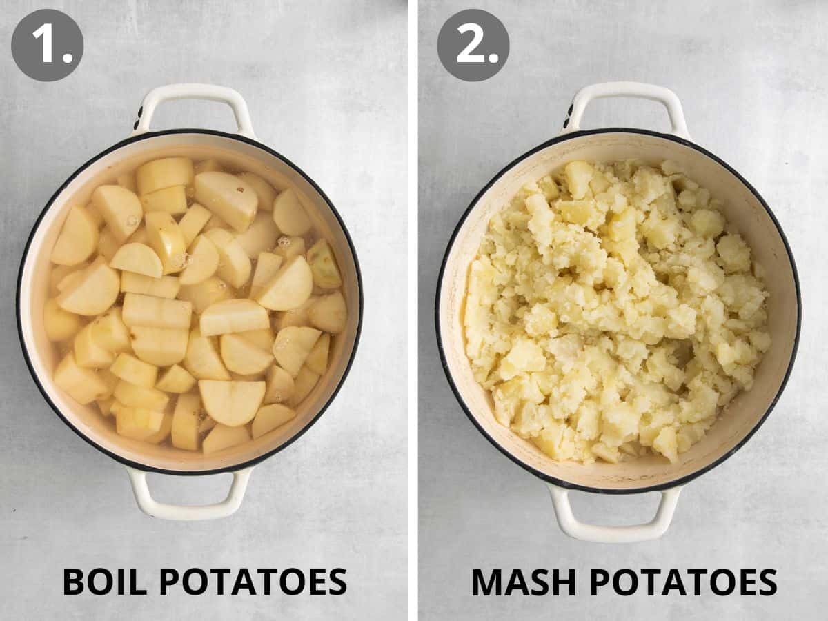 A pot of boiled potatoes, and a pot of mashed potatoes