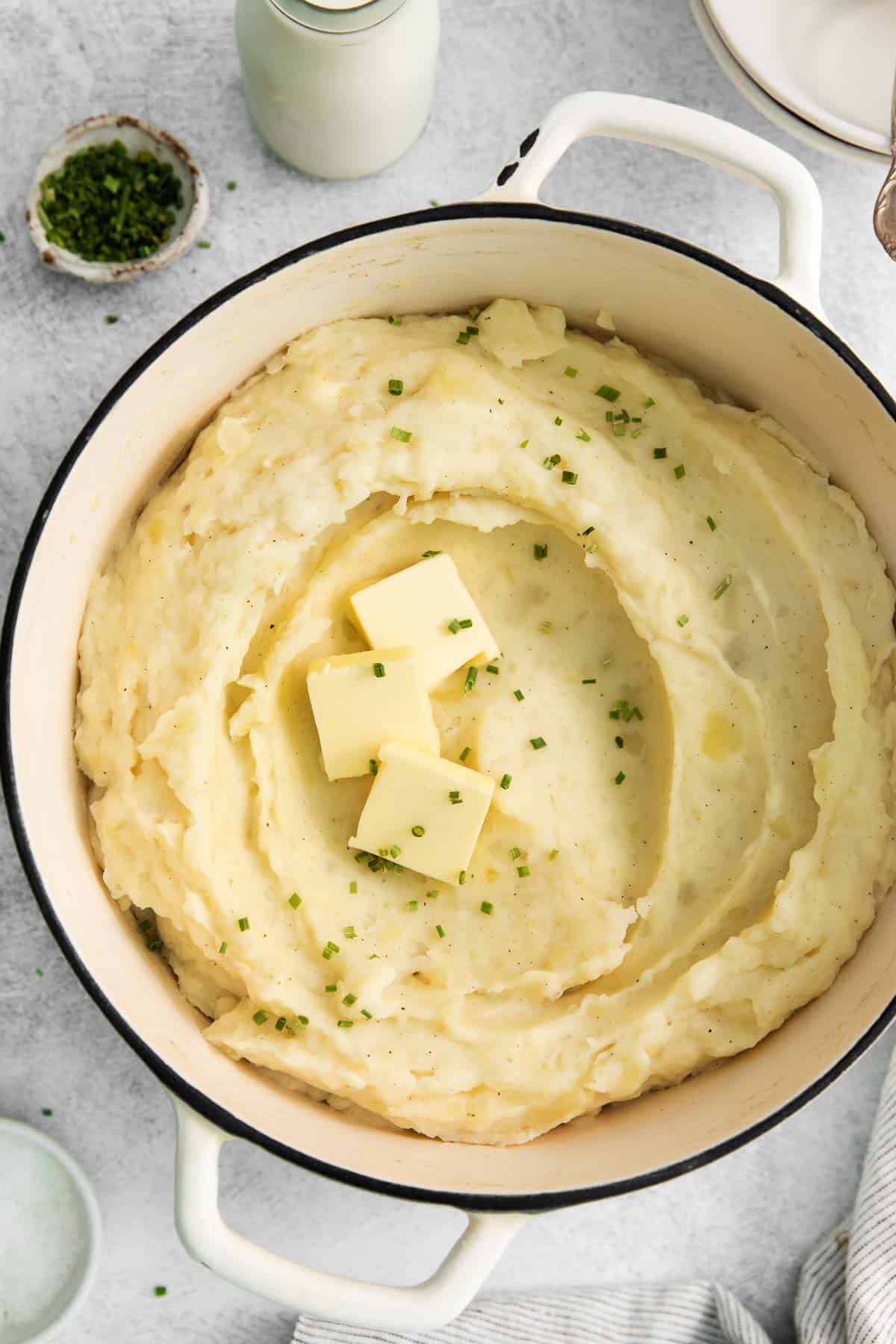 A close-up view of mashed potatoes in a pot