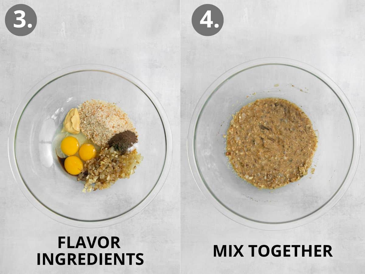 Eggs and meatloaf flavoring ingredients pour on top of each other in a bowl, and all of the ingredients mixed together in the bowl