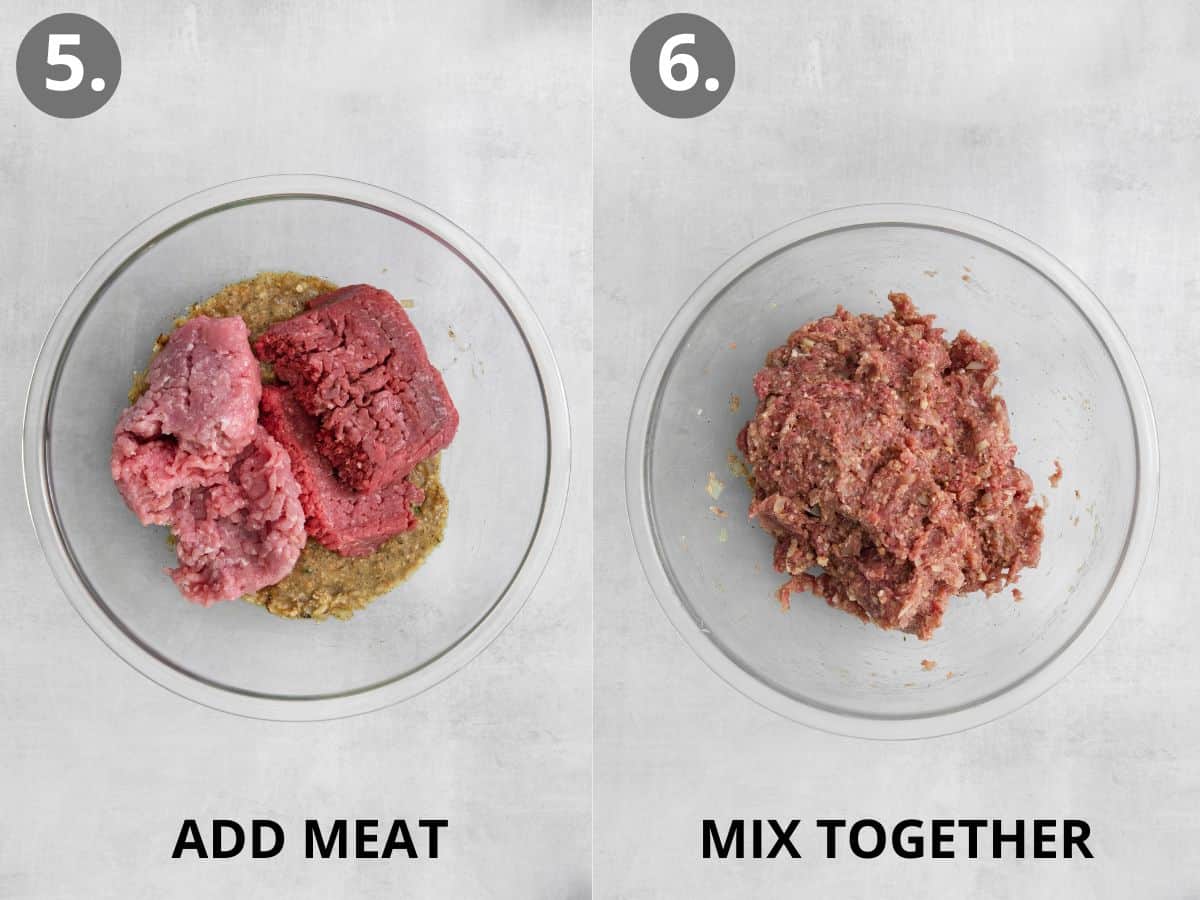 Meat on top of the flavoring mixture in a bowl, and the meat and flavoring ingredients mixed together