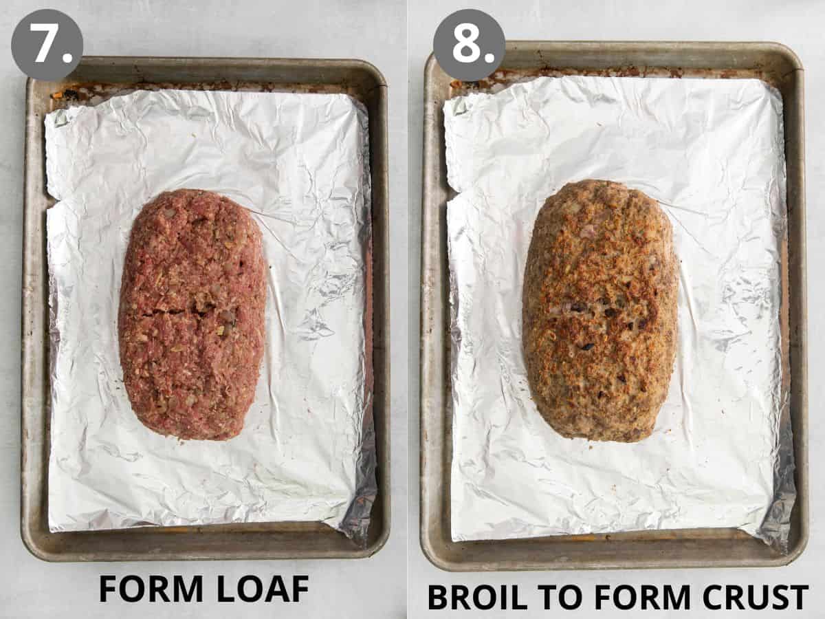 Gluten-free meatloaf formed on a sheetpan, and gluten-free meatloaf broiled