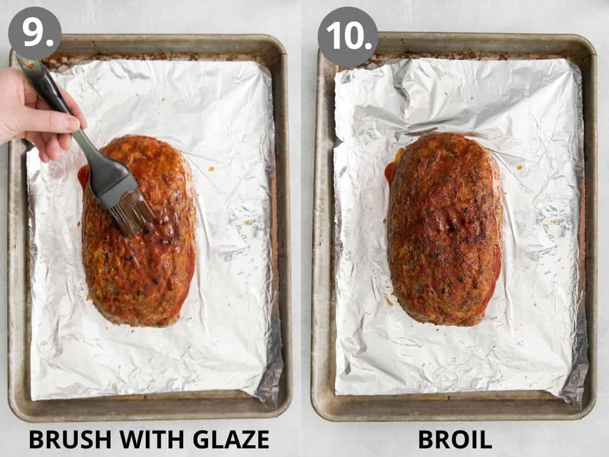 A baster adding glaze to the top of the meatloaf, and broiled meatloaf with glaze