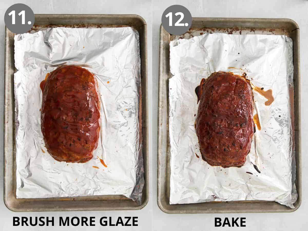 Meatloaf with another layer of glaze added, and a baked meatloaf