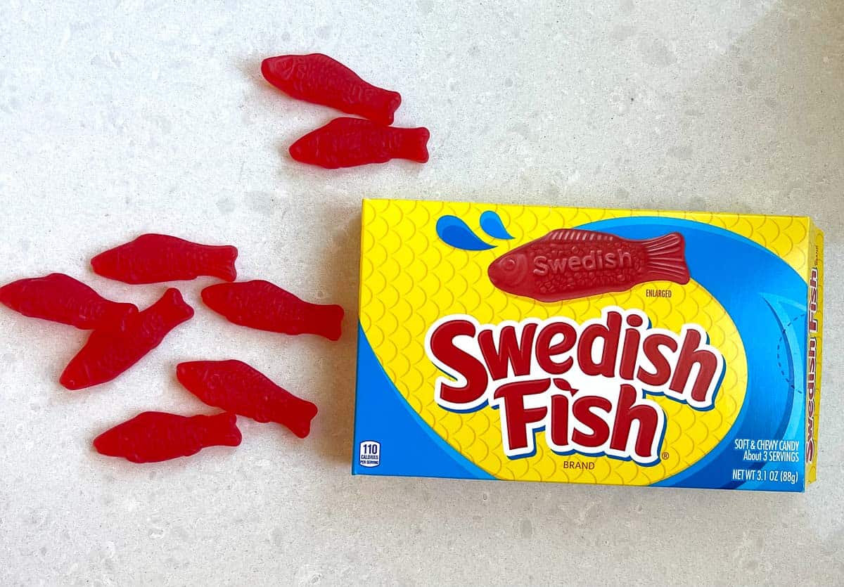 open box of swedish fish on white counter