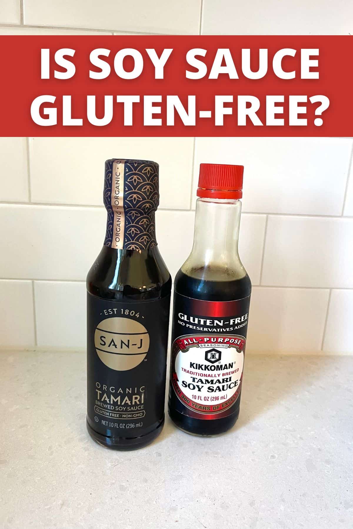 2 bottles of gluten free soy sauce with white background