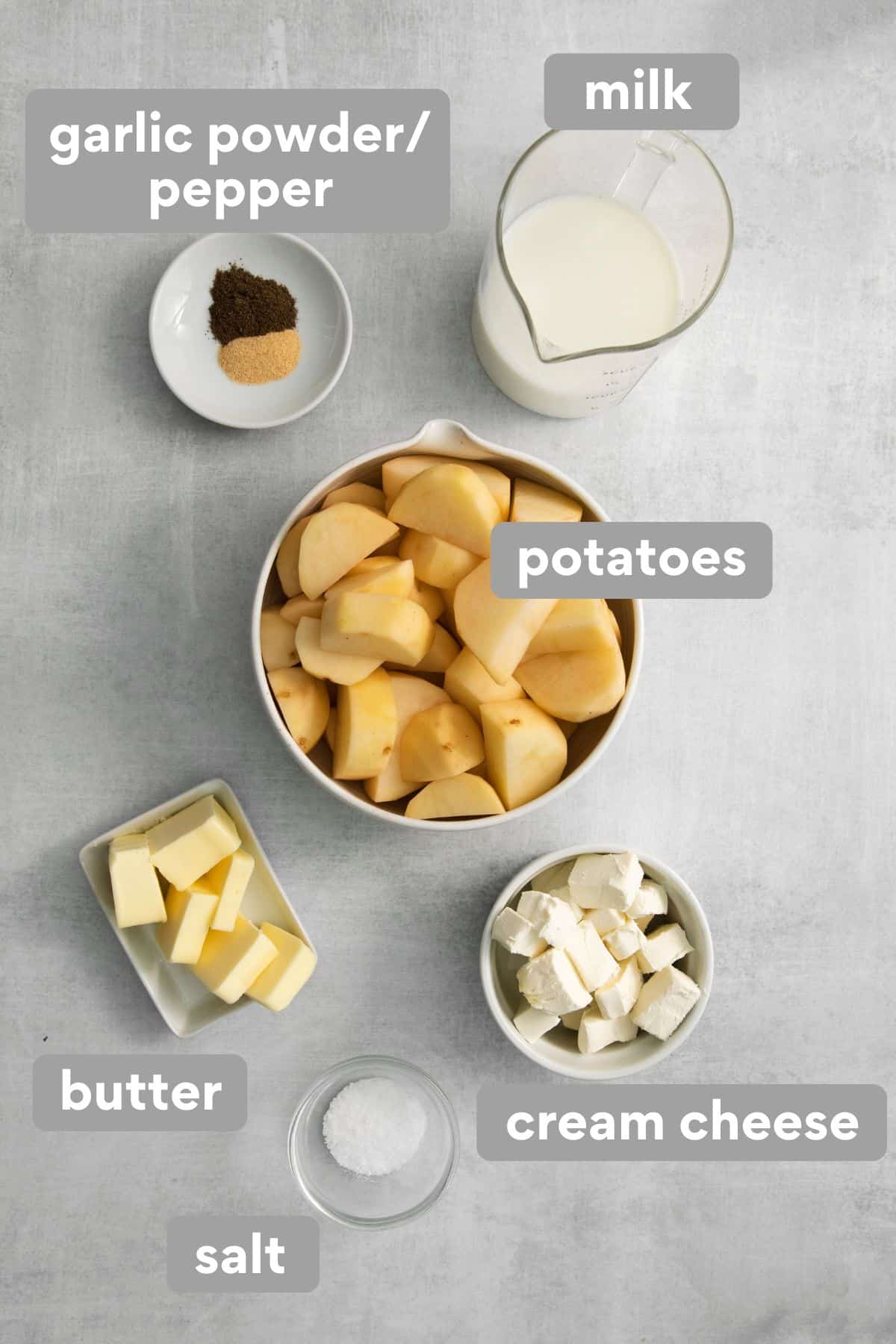 Mashed potato ingredients on a counter top
