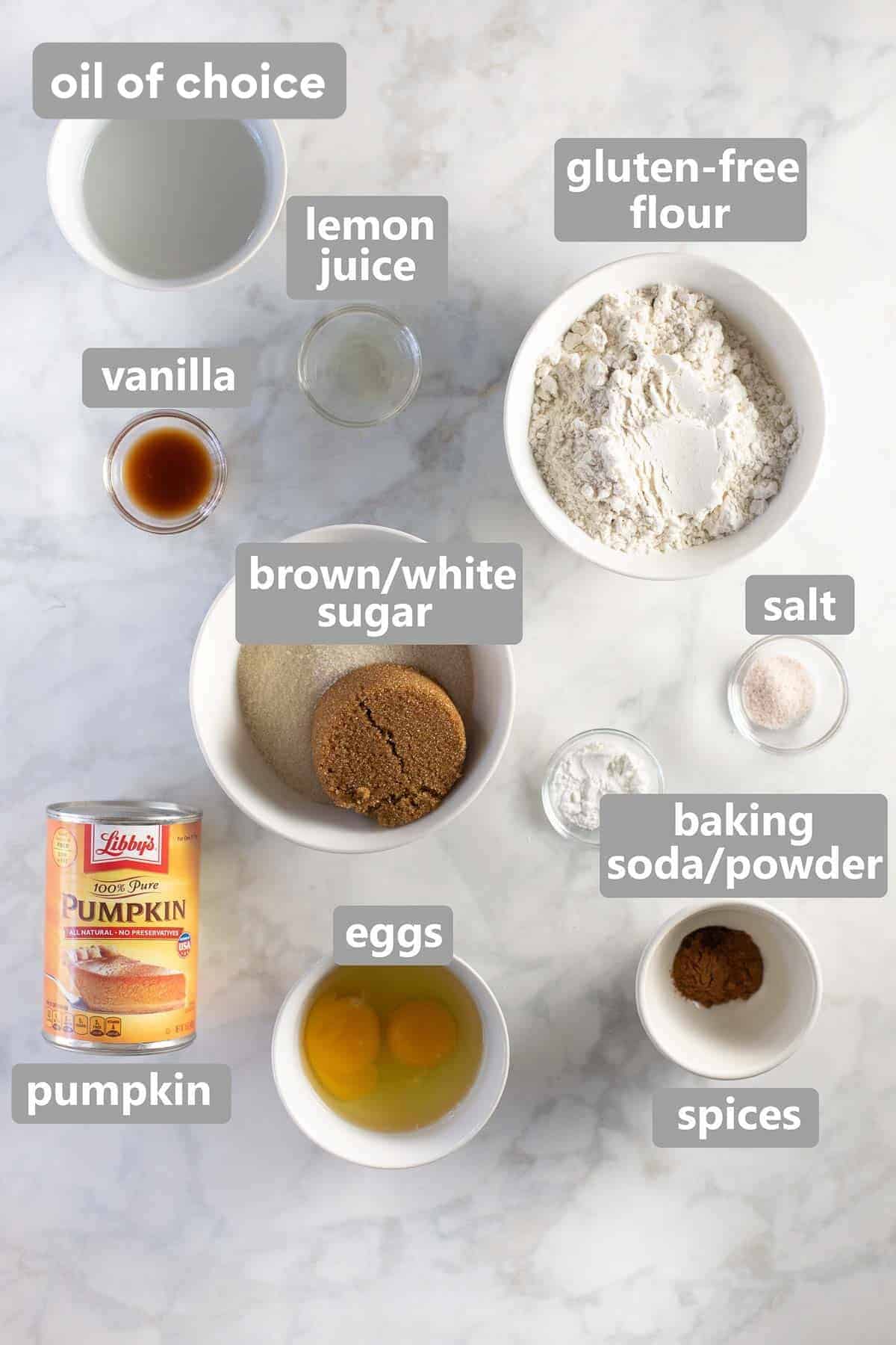 overhead shot of ingredients needed to make pumpkin muffins
