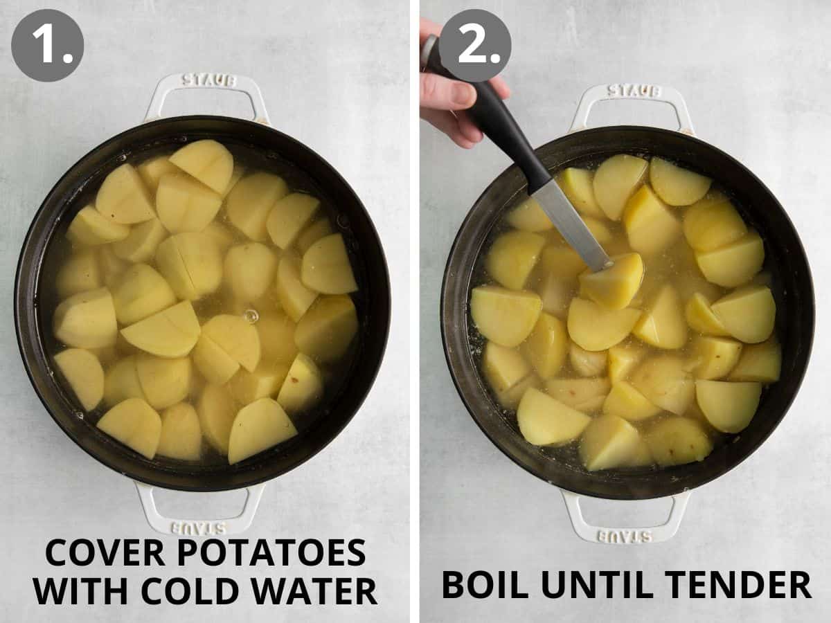 Potatoes in a pot with cold water, and boiled potatoes with a fork stuck in one of them