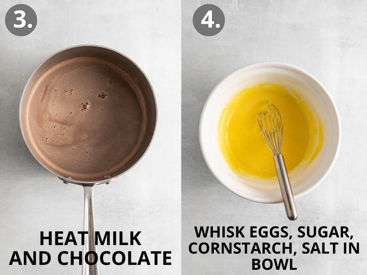 Milk and chocolate in a sauce pan, and eggs, sugar, cornstarch, and salt in a mixing bowl with a whisk