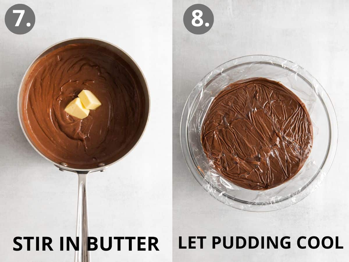 Butter added to the sauce pan of pie filling ingredients, and pudding cooling in a glass bowl