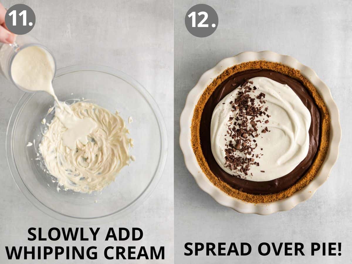 Whipped cream added to the glass mixing bowl of pie topping ingredients, and whipped topping spread over the chocolate pie