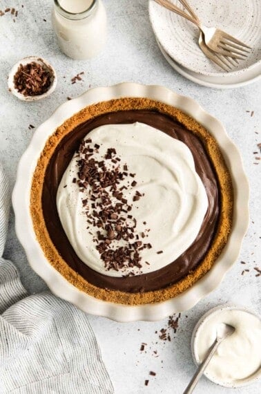 A overhead view of the gluten-free chocolate pie in a pie dish