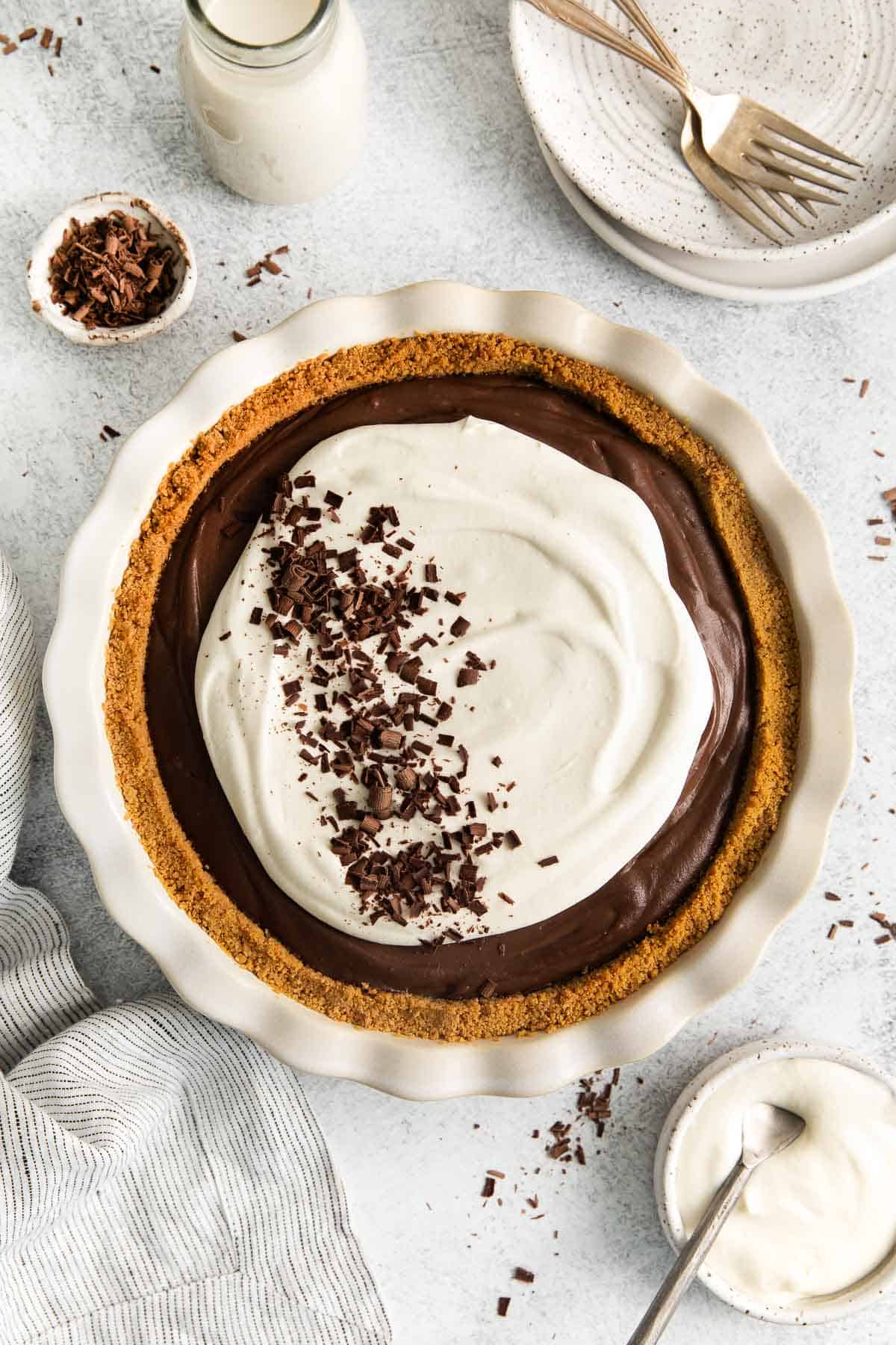 A overhead view of the gluten-free chocolate pie in a pie dish