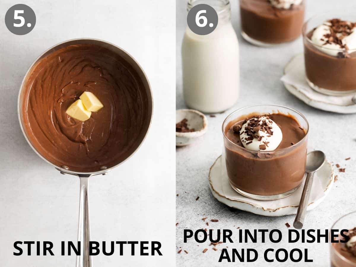 Butter in the sauce pan of pudding, and a serving of chocolate pudding in a glass dish