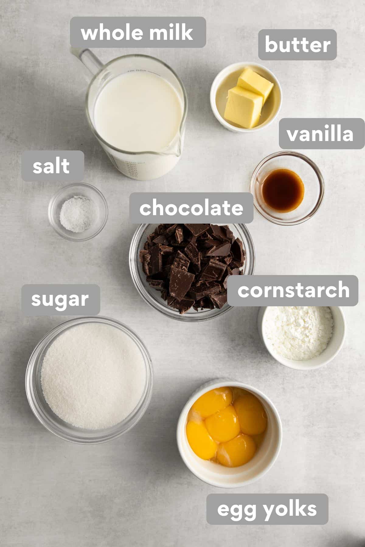 Ingredients for chocolate pie filling on a counter top
