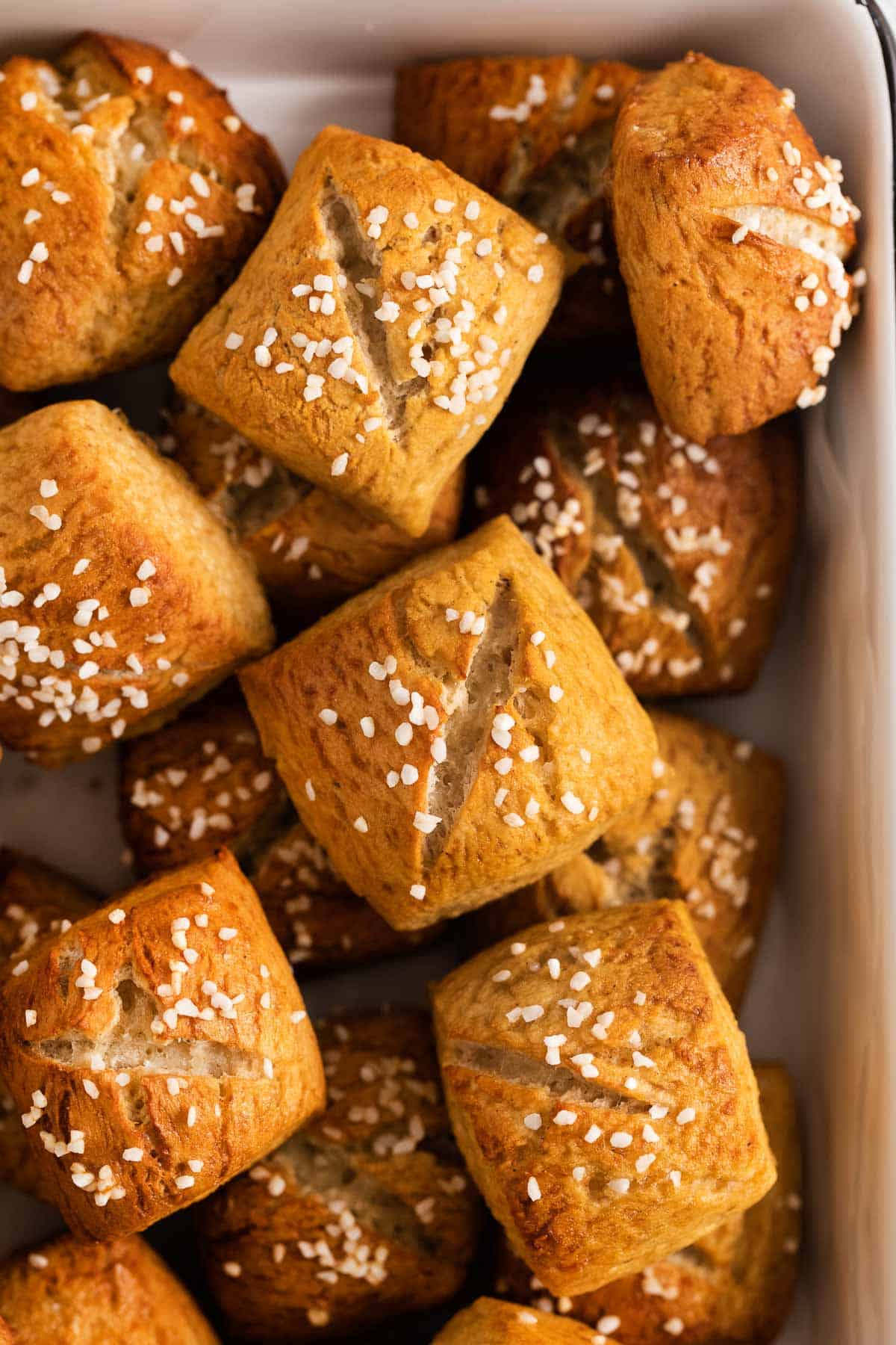 a close-up photo of gluten-free soft pretzel bites