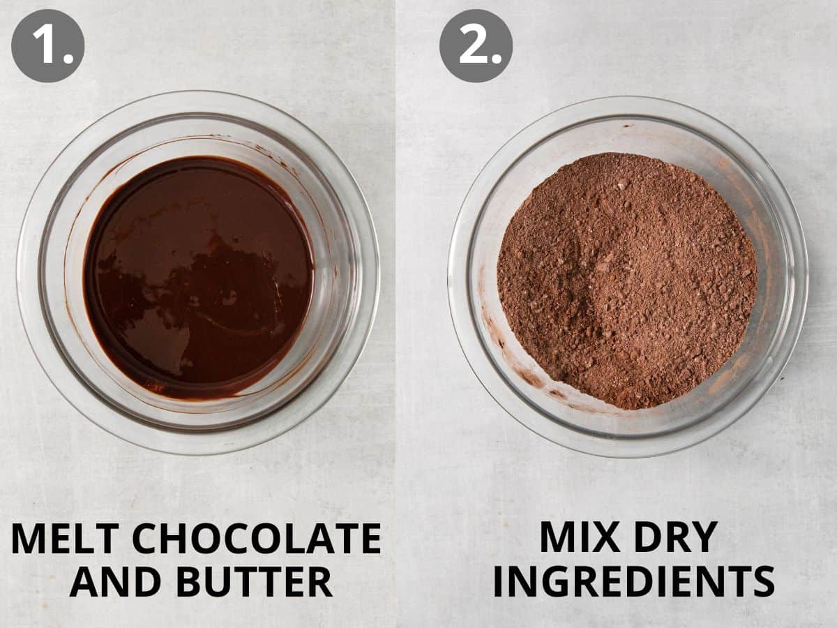 Chocolate and butter melted in a bowl, and a bowl with the dry ingredients mixed in