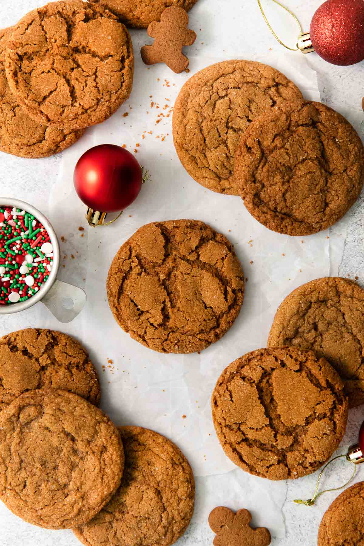 Gingersnaps on a counter top with ornaments