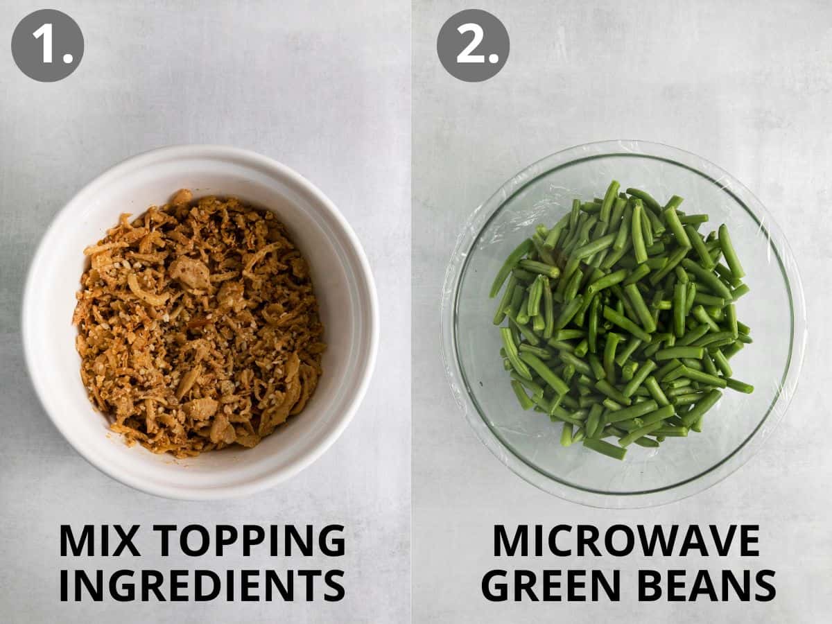 Topping ingredients in a bowl, and green beans in a glass bowl