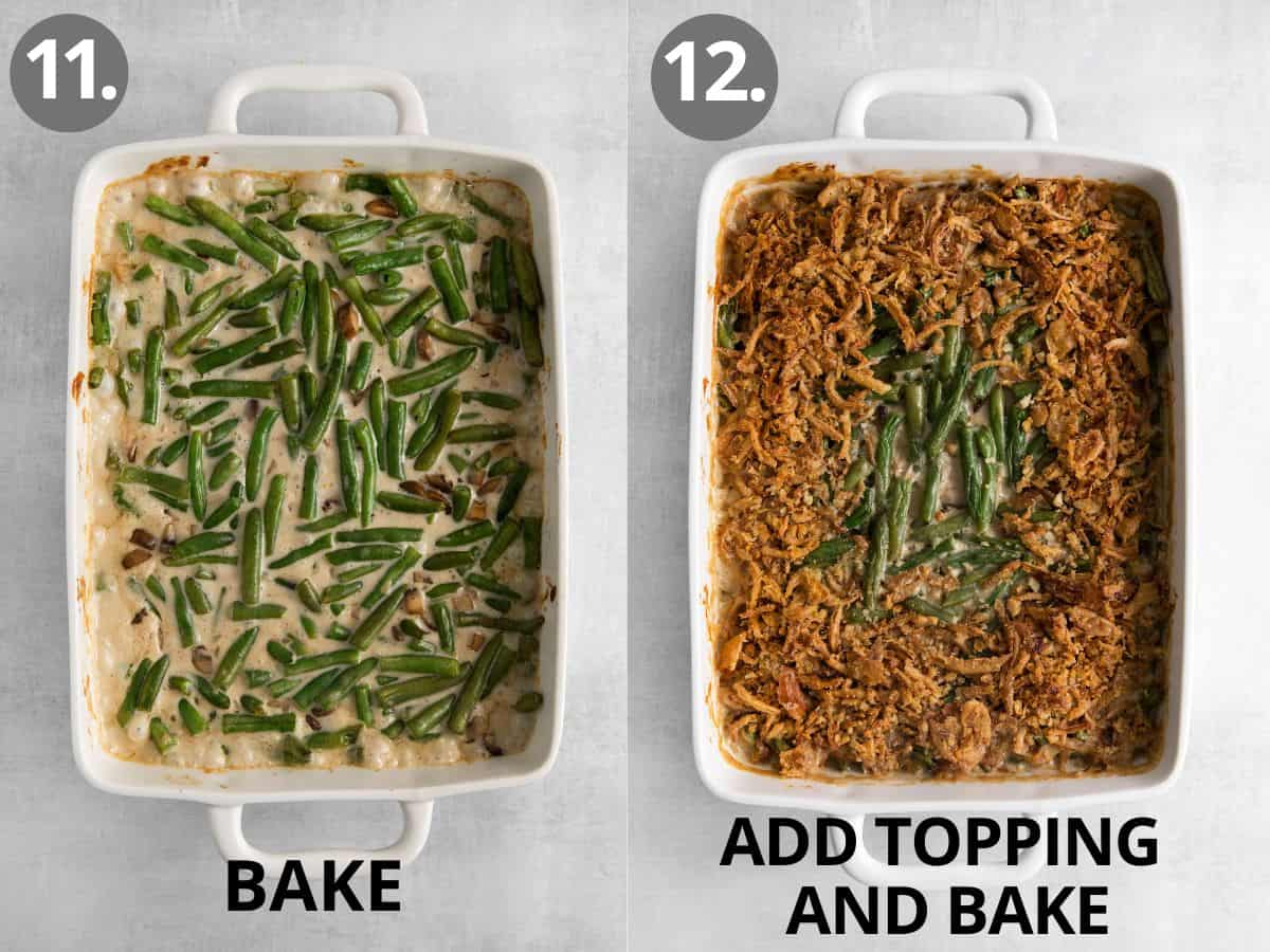 Sauce and green beans in a casserole dish, and toppings in the green bean dish