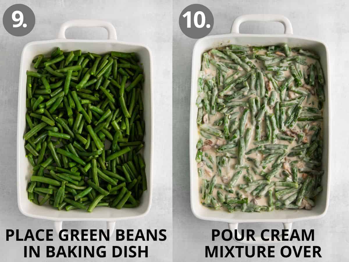 Green beans in the baking dish, and cream sauce poured on top