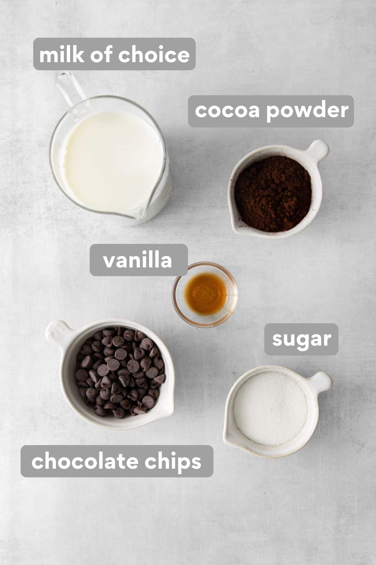 Ingredients for gluten-free hot chocolate on a countertop