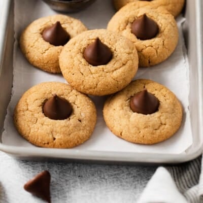 Gluten-free peanut butter blossoms on a tray